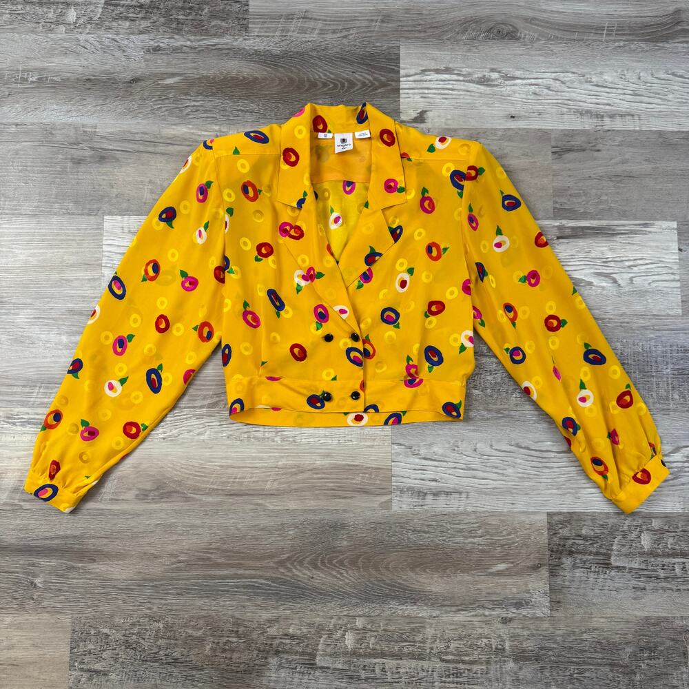 Vintage 80s Emanuel Ungaro Ter Silk Floral Cropped Blouse Art to Wear Yellow 10